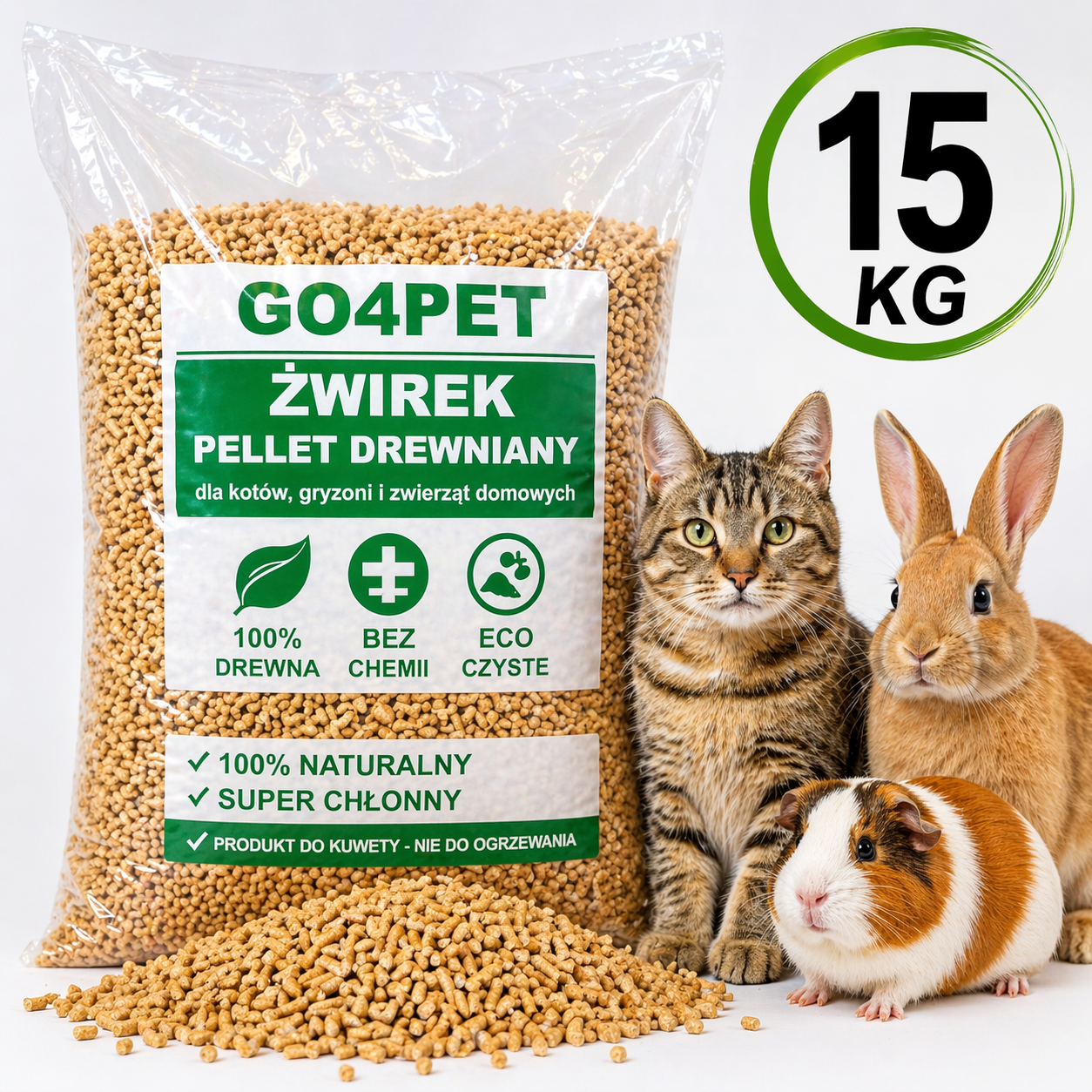 ŻWIREK DREWNIANY PELLET 15KG DLA KOTA KRÓLIKA GRYZONI KUWETA NATURALNY - obrazek 2